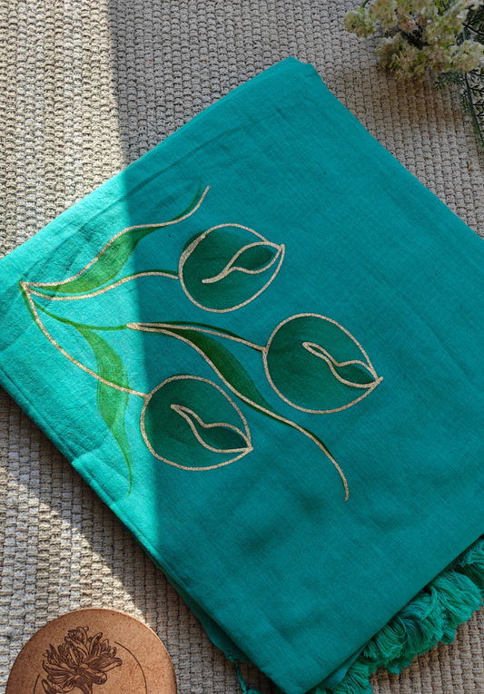 Aqua Tulip Bouquet Hand-Painted Saree
