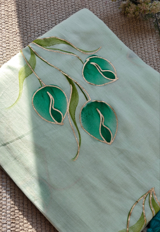 Mint Tulip Bouquet Hand-Painted Saree