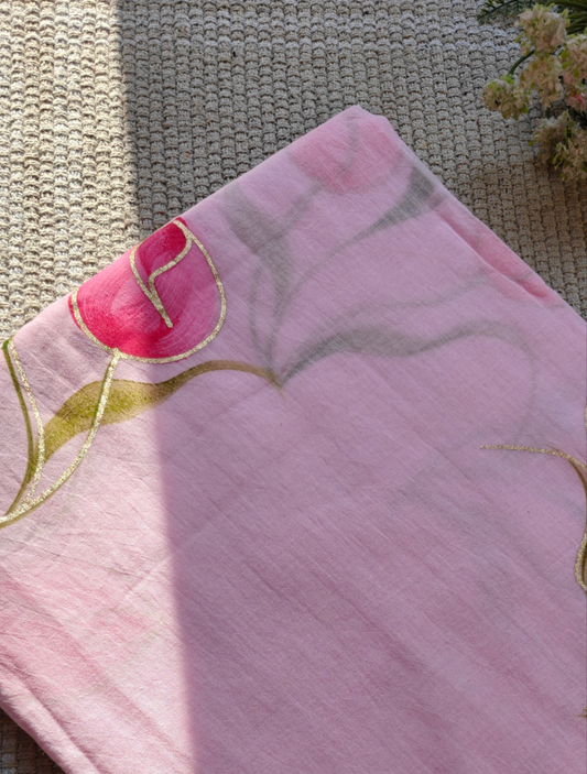 Pink Champagne Tulip Bouquet Hand-Painted Saree