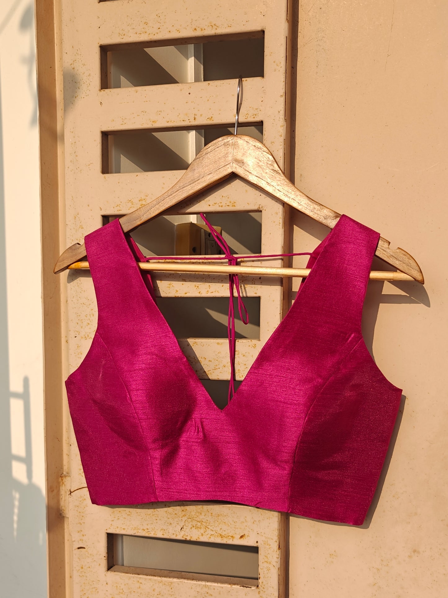 Wine Raw Silk V-Neck Sleeveless Blouse