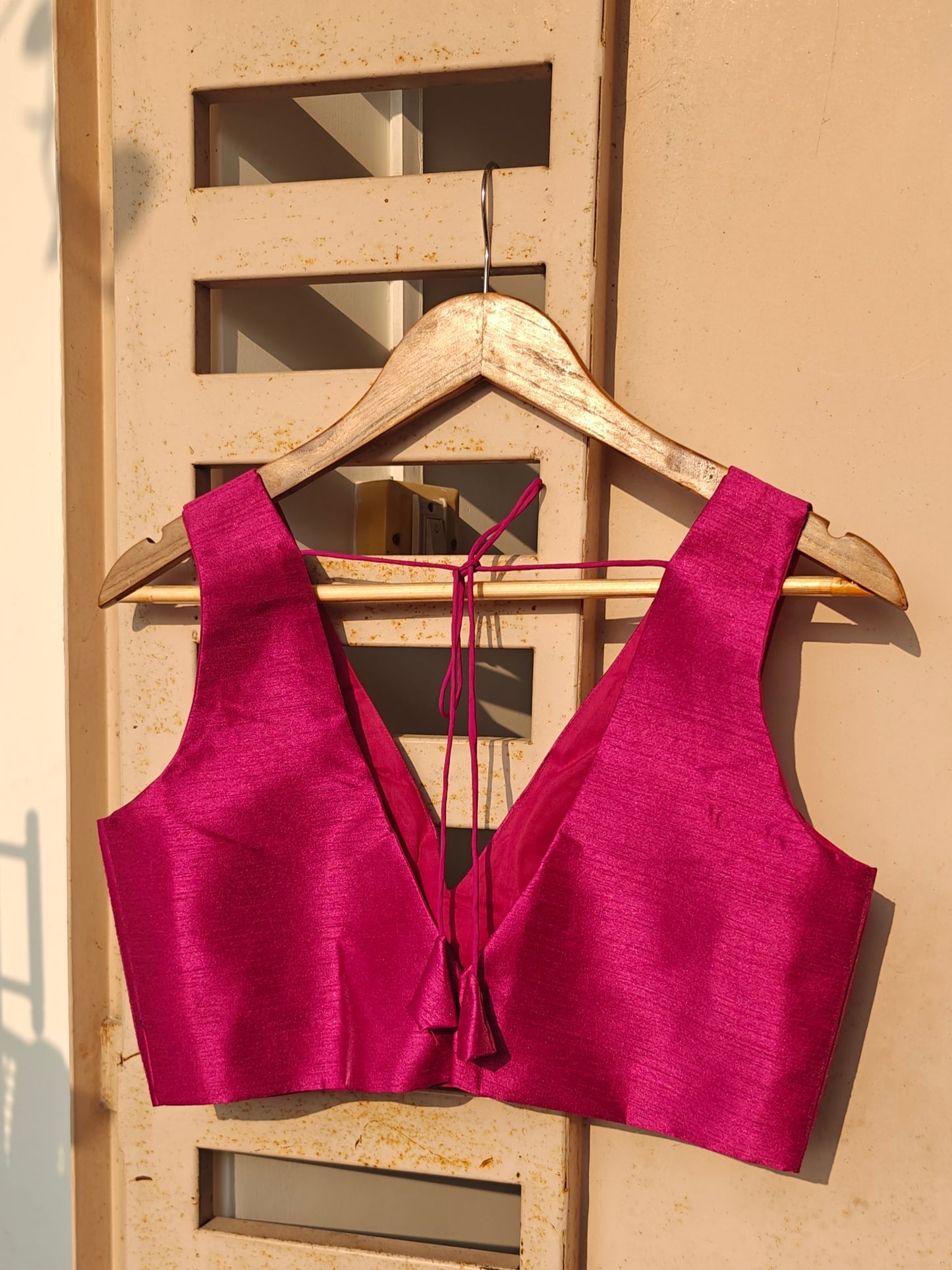 Wine Raw Silk V-Neck Sleeveless Blouse