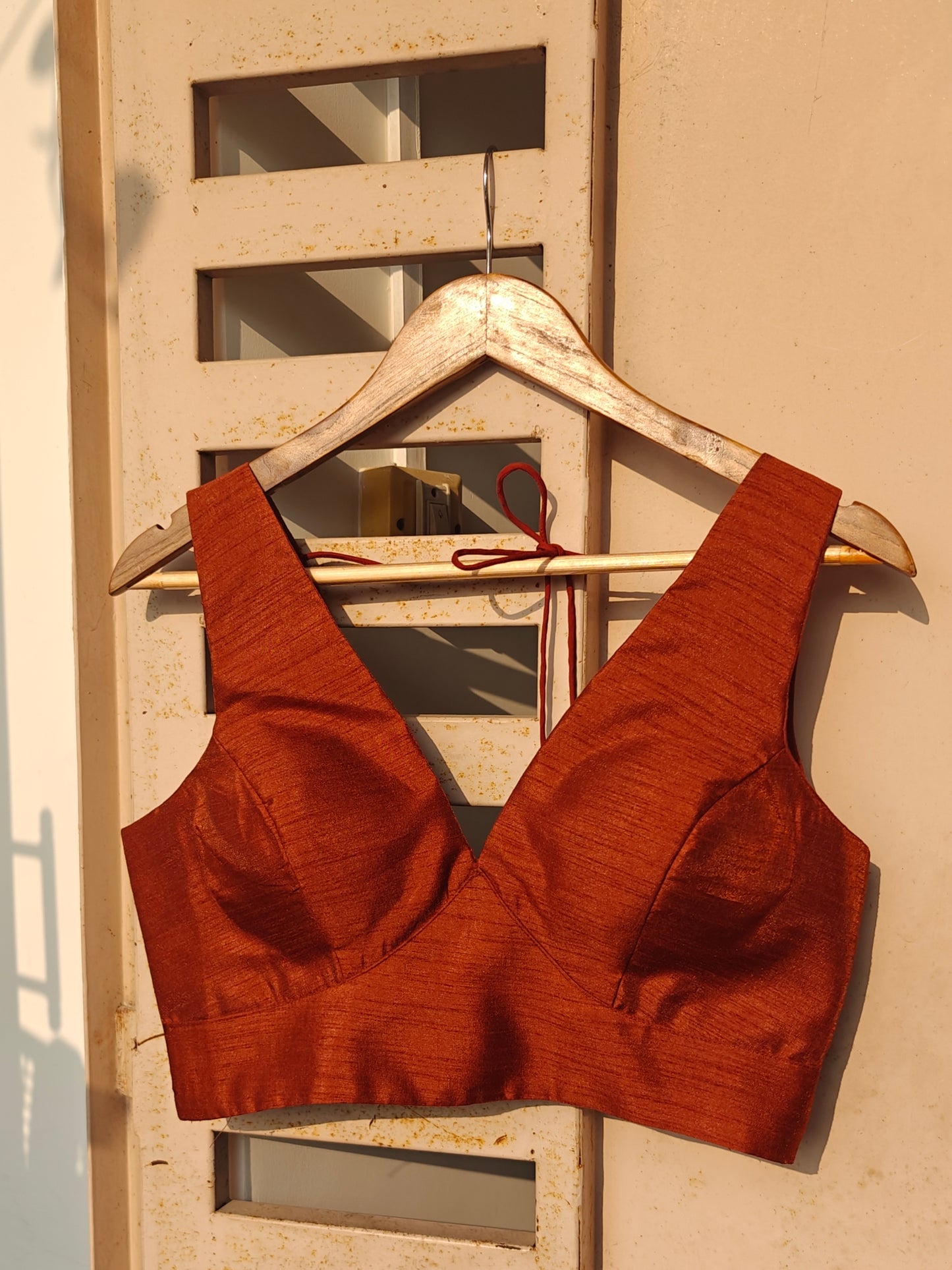 Brown Raw Silk V-Neck Belted Sleeveless Blouse