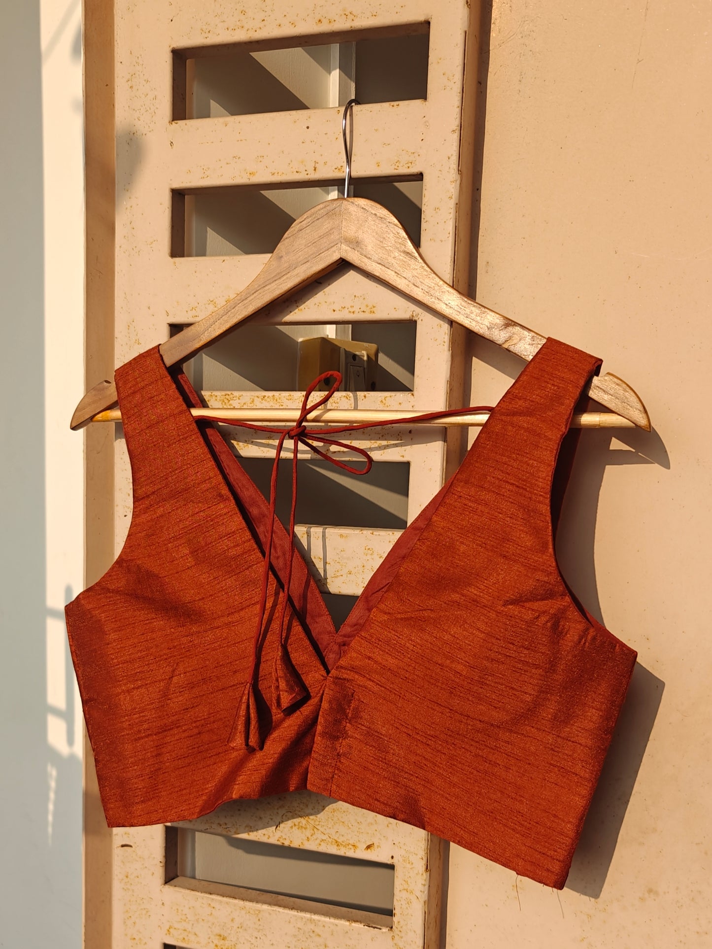 Brown Raw Silk V-Neck Belted Sleeveless Blouse