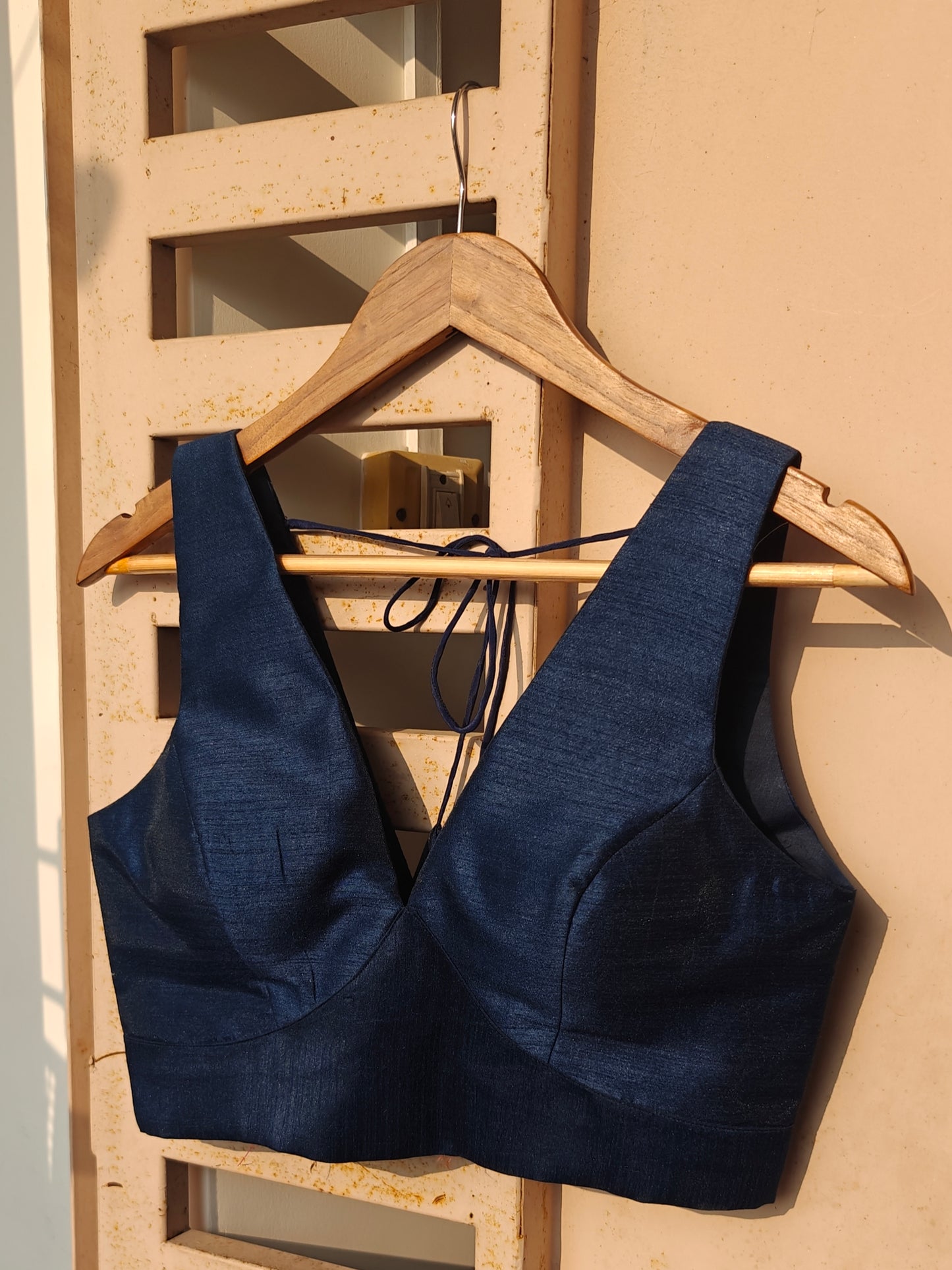 Dark Blue Raw Silk V-Neck Belted Sleeveless Blouse