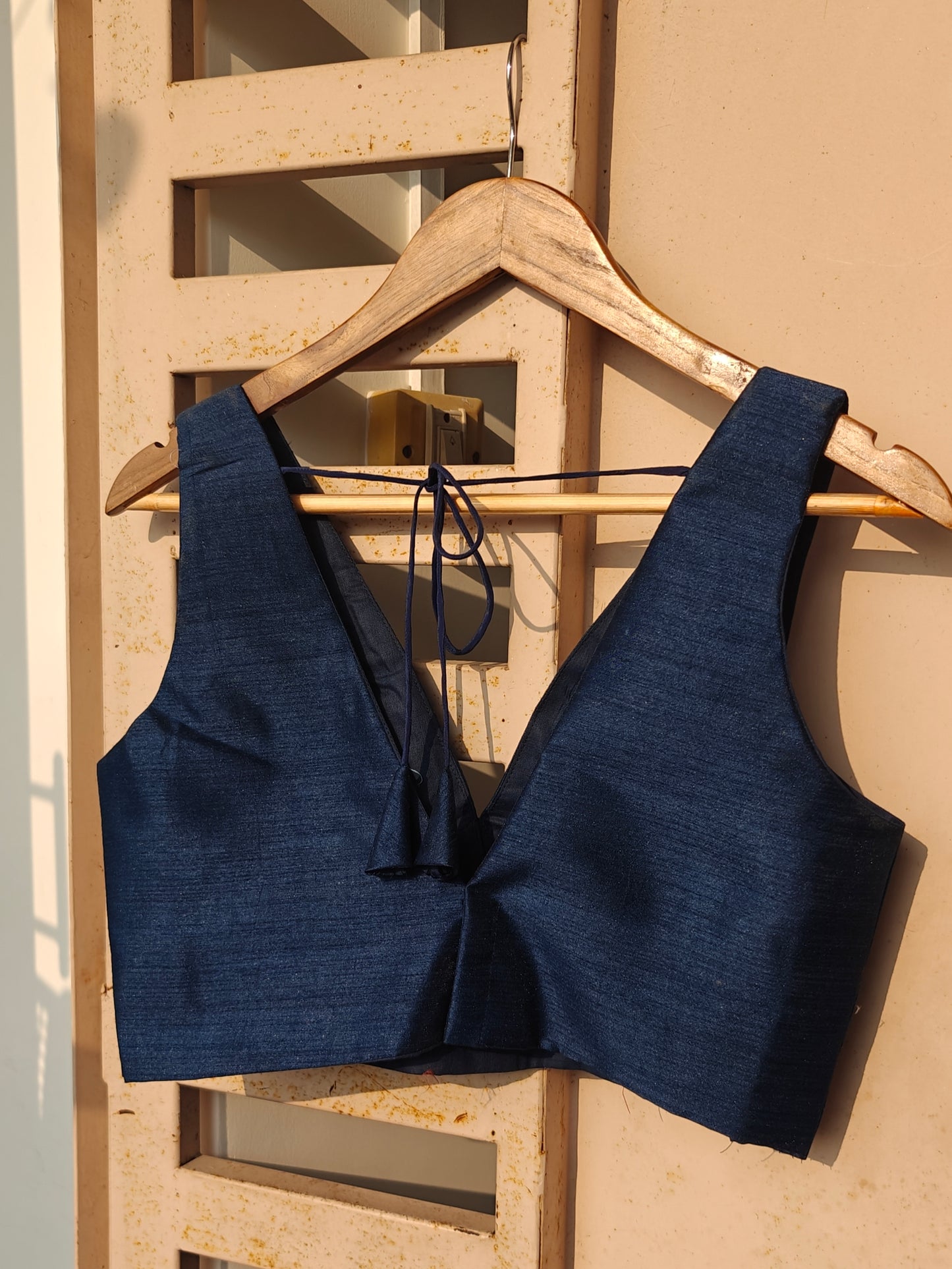 Dark Blue Raw Silk V-Neck Belted Sleeveless Blouse