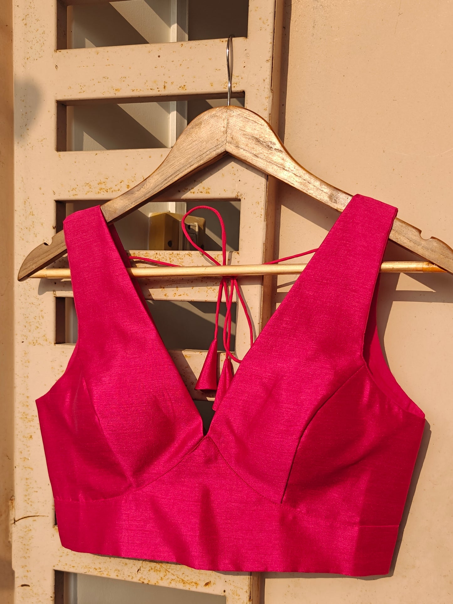Pink Raw Silk V-Neck Belted Sleeveless Blouse