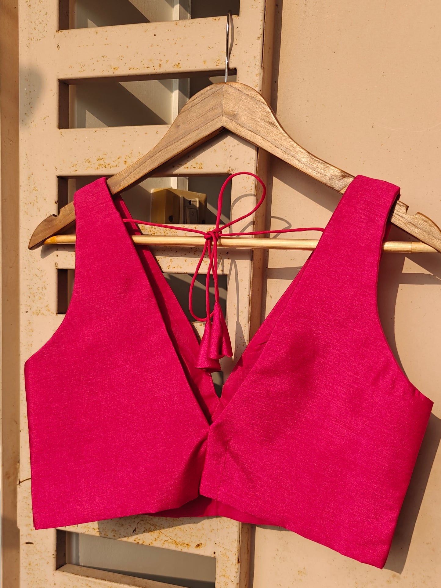 Pink Raw Silk V-Neck Belted Sleeveless Blouse
