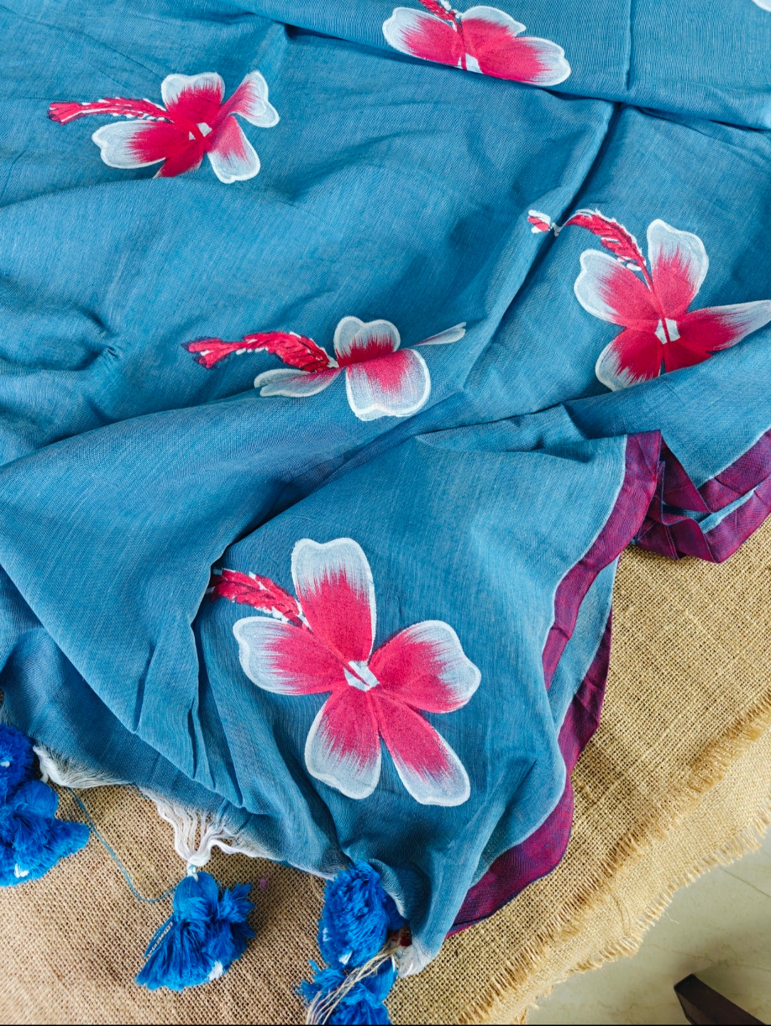 Blue Sunflower Hand-Painted Saree