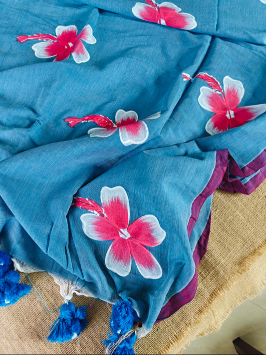 Blue Sunflower Hand-Painted Saree
