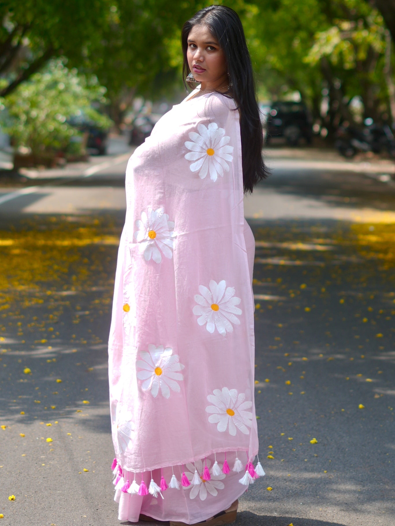 Baby Pink Daisy Hand-Painted Saree