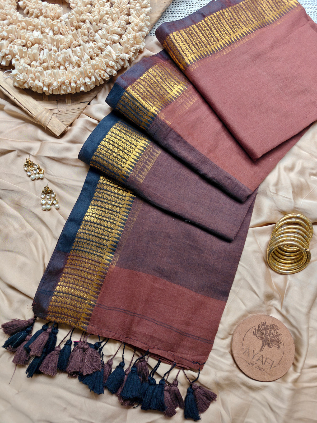 BHUMI - Brown Jacquard Zari Border Mulmul Cotton Saree