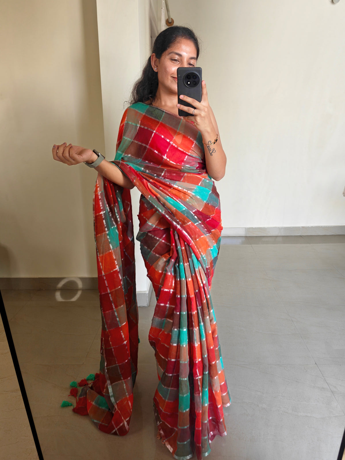 Multicolored Gold Zari Checked Mul Saree
