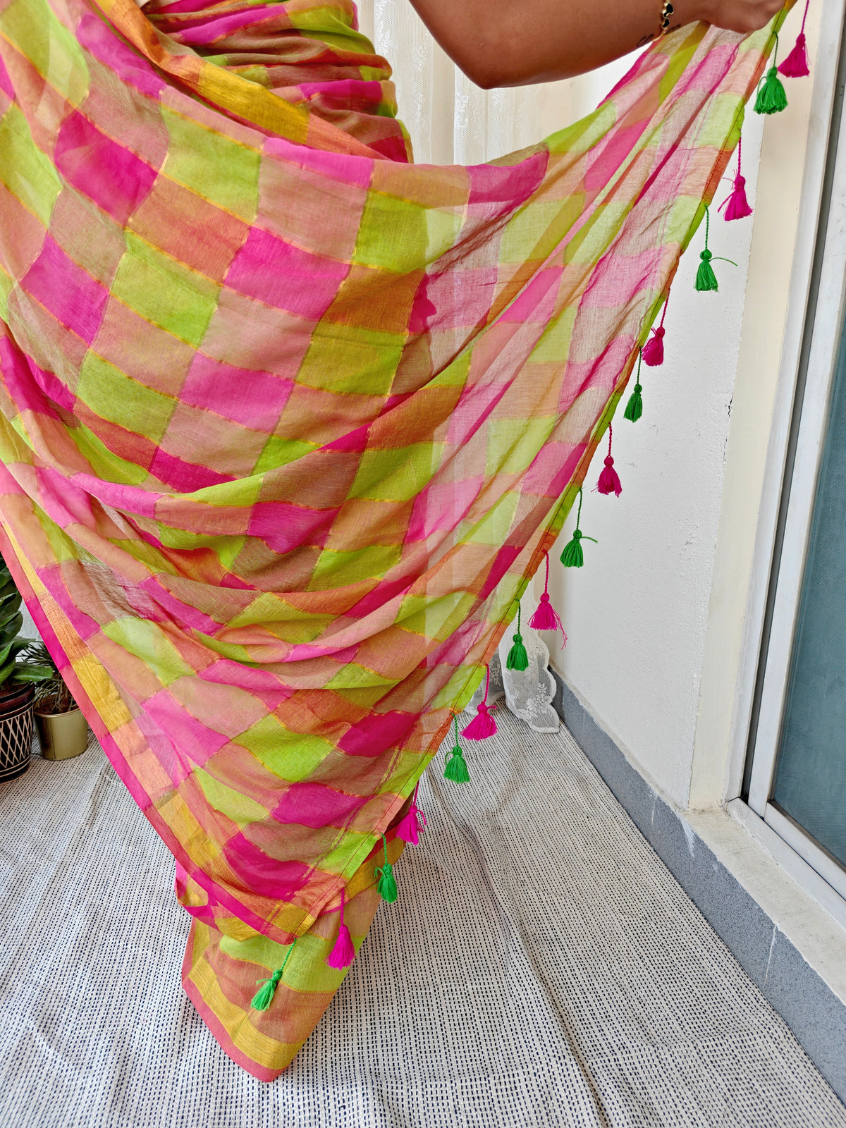 Green- Pink Multicolored Gold Zari Checked Mul Saree
