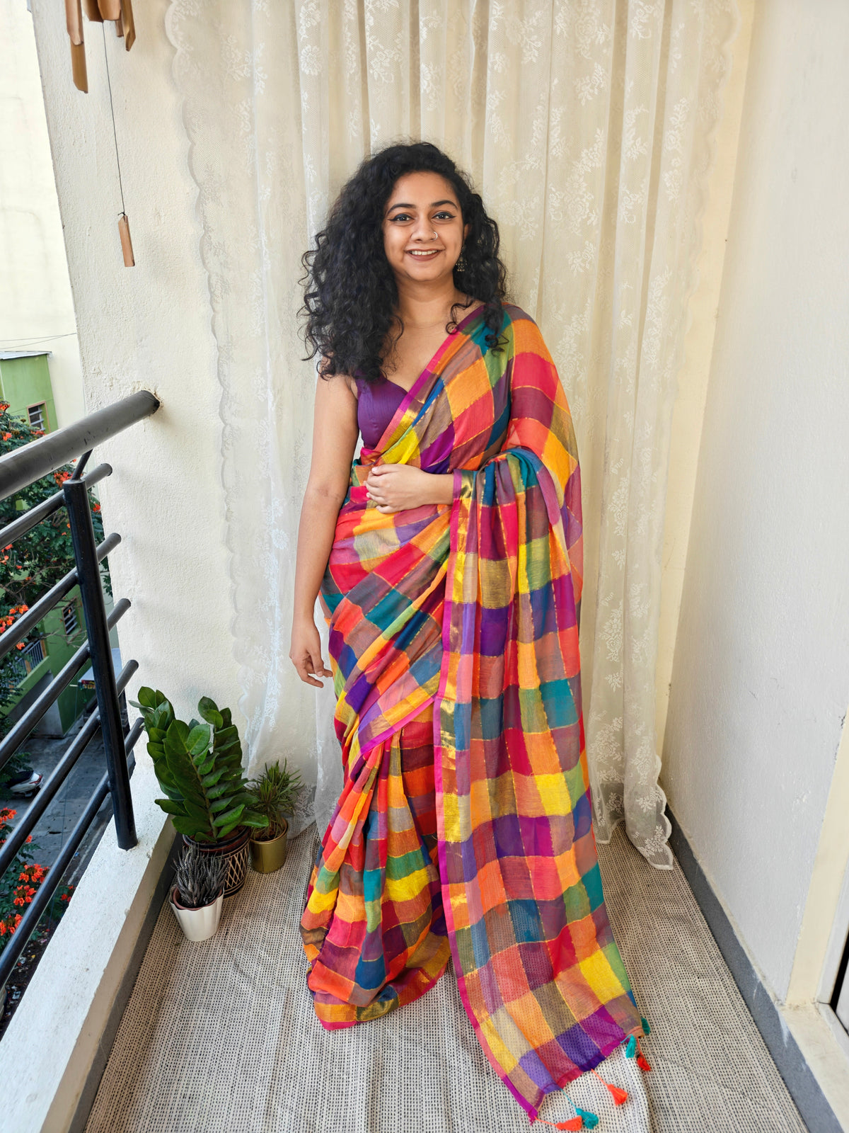 Multicolored Gold Zari Checked Mul Saree