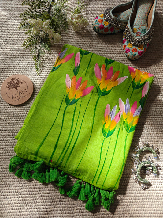 Lime Green Water Lilly Hand-Painted Saree