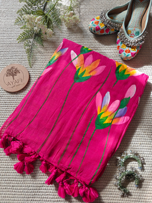Hot Pink Water Lilly Hand-Painted Saree