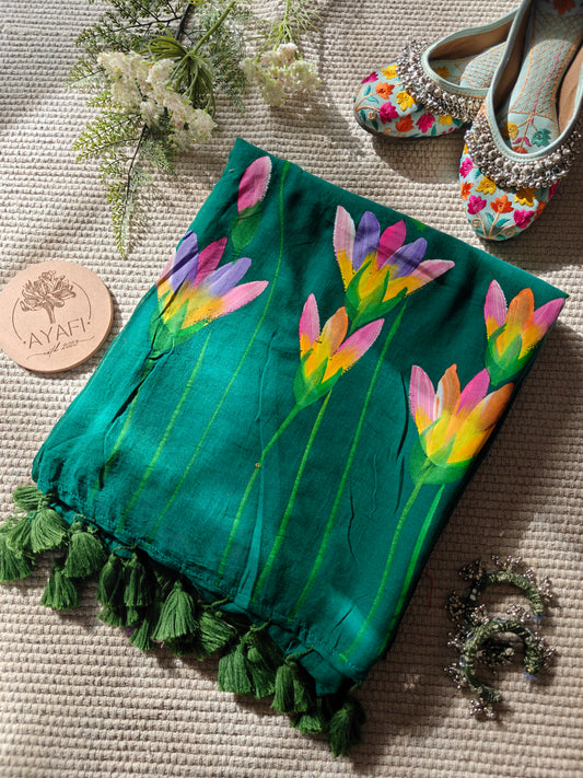 Forest Green Water Lilly Hand-Painted Saree