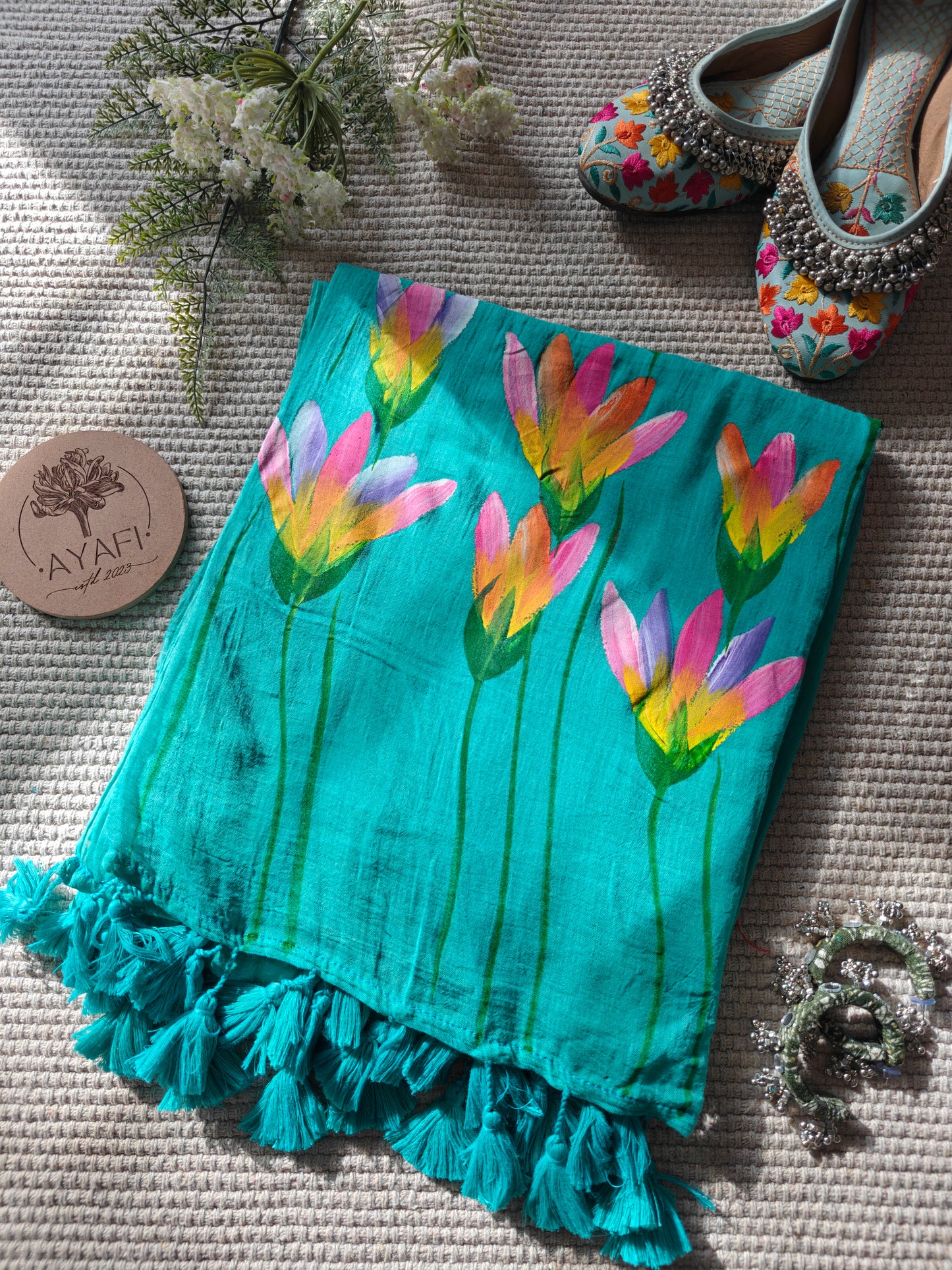 Aqua Water Lilly Hand-Painted Saree