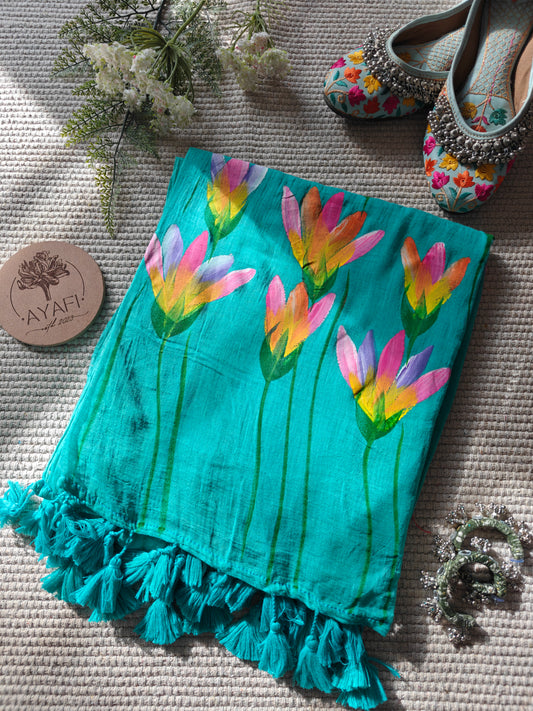 Aqua Water Lilly Hand-Painted Saree