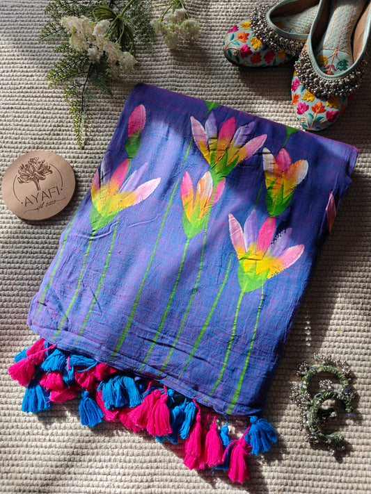 Blue Violet Water Lilly Hand-Painted Saree