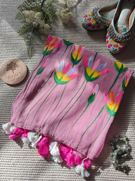 Dusty Mauve Water Lilly Hand-Painted Saree