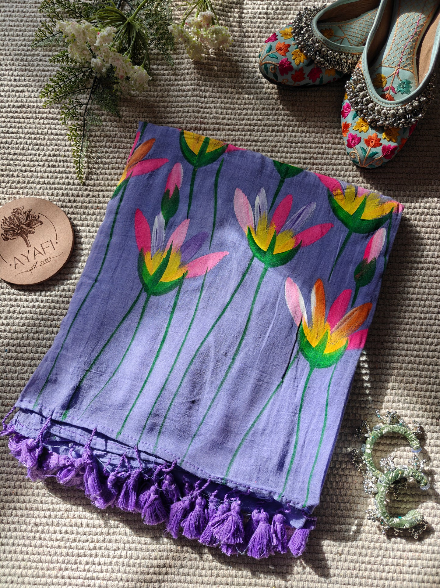 Bright Iris Water Lilly Hand-Painted Saree