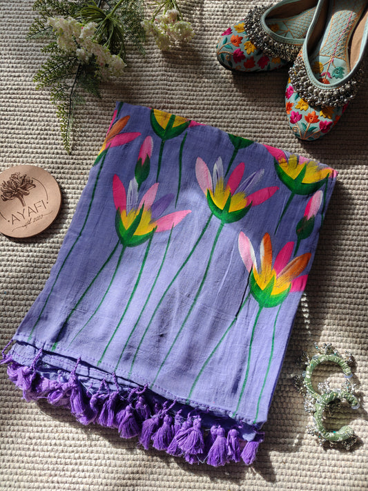 Bright Iris Water Lilly Hand-Painted Saree