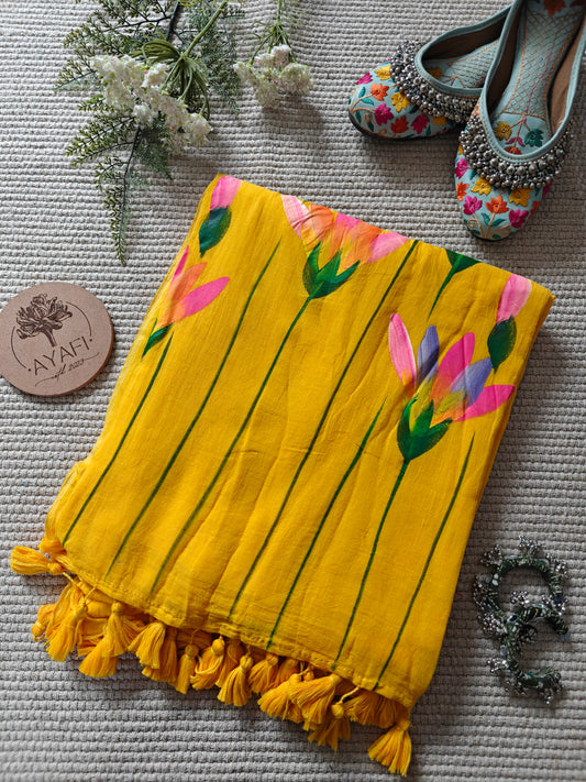 Yellow Water Lilly Hand-Painted Saree