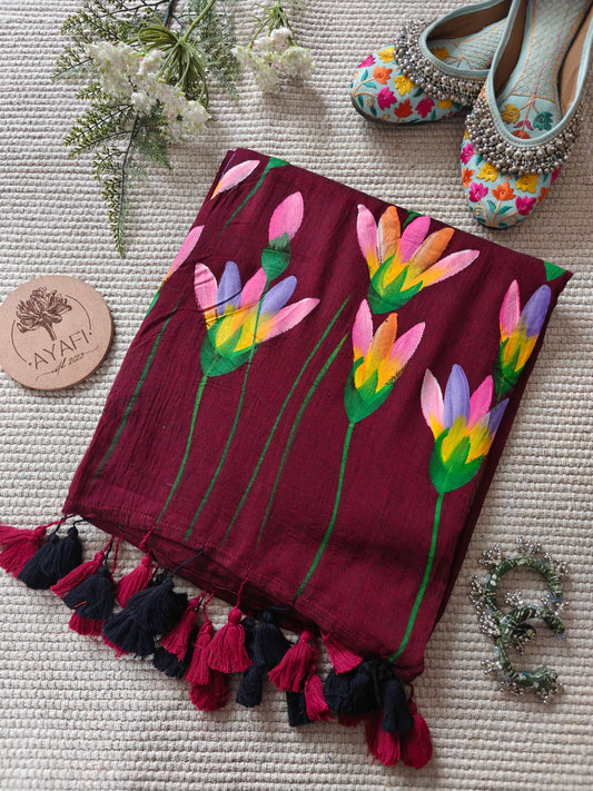 Burnt Maroon Water Lilly Hand-Painted Saree
