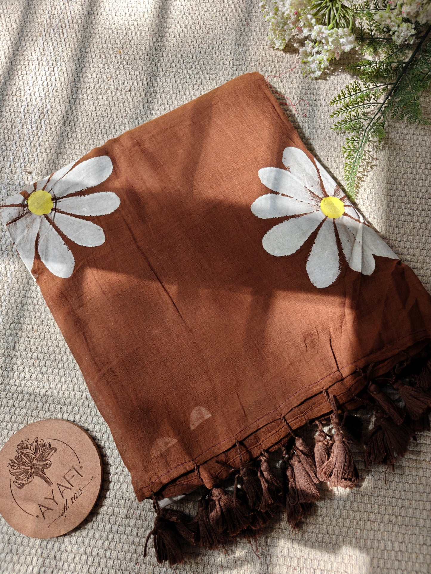 Brown Daisy Hand-Painted Saree