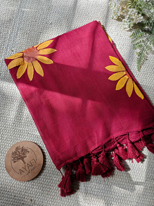 Carmine Sunflower Hand-Painted Saree