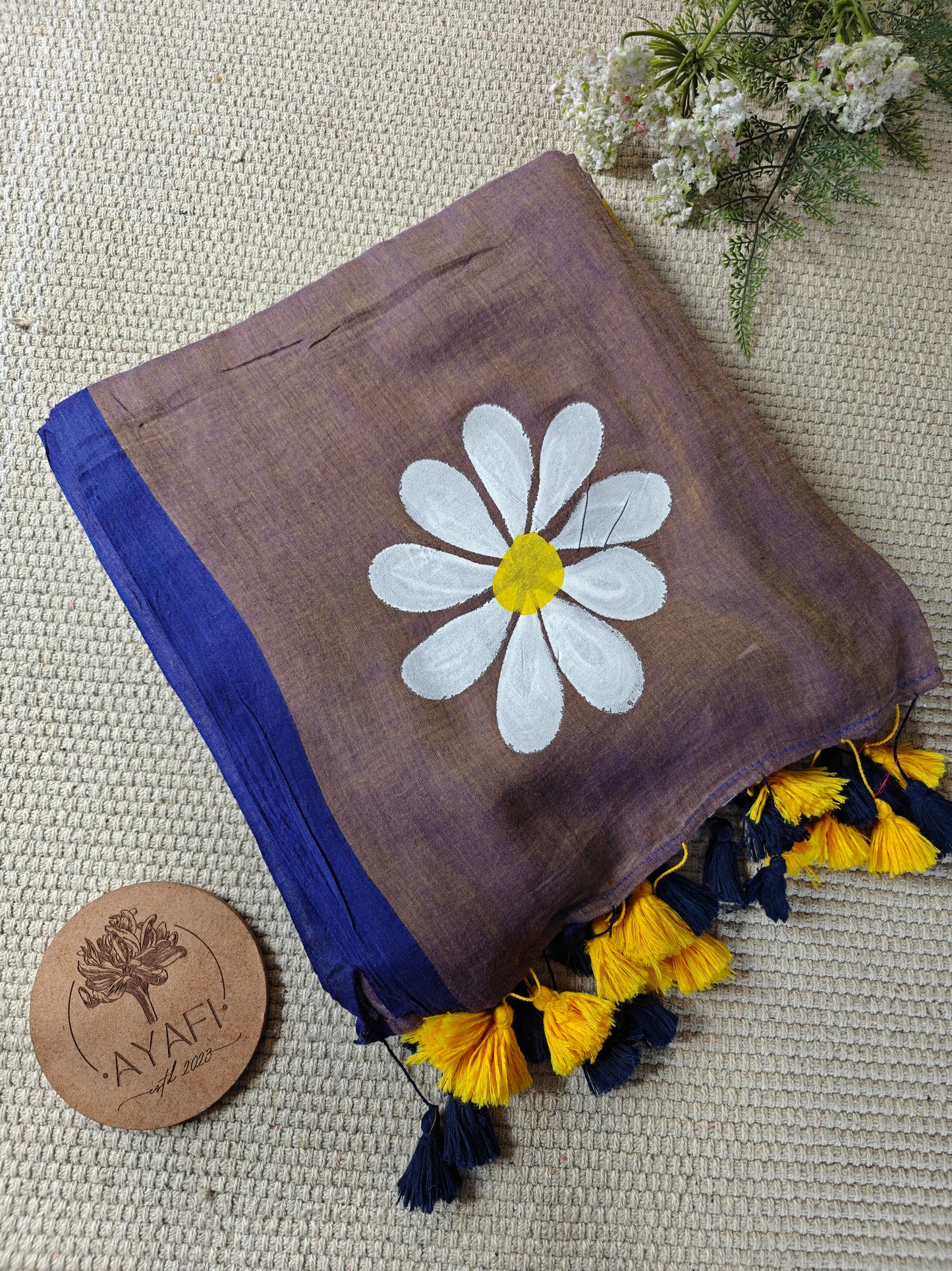 Smoky Blue Daisy Hand-Painted Saree