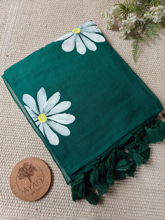Emerald Green Daisy Hand-Painted Saree