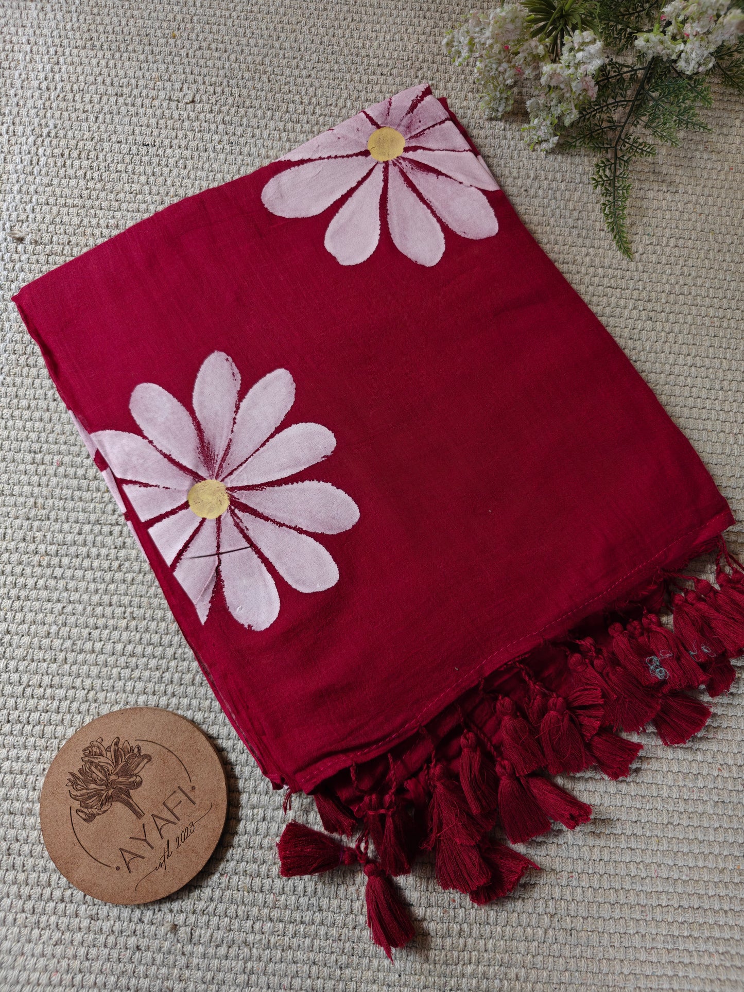 Carmine Daisy Hand-Painted Saree