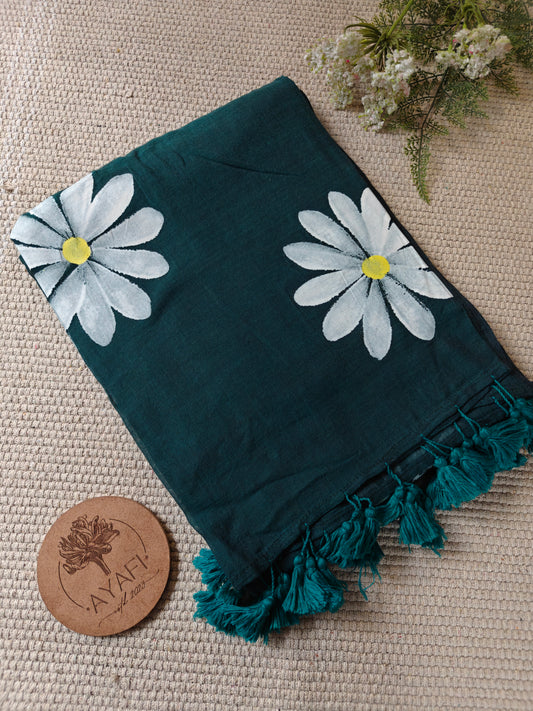 Basil Green Daisy Hand-Painted Saree