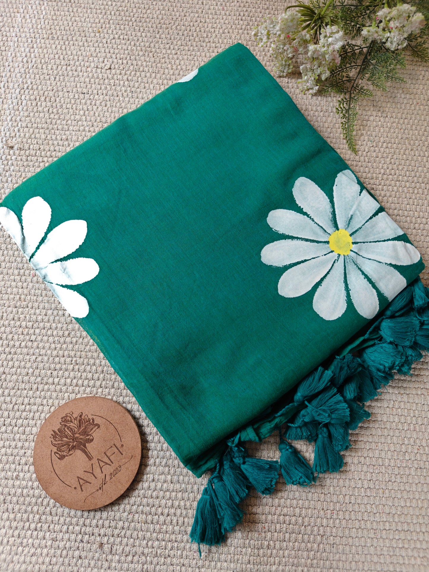 Pine Green Daisy Hand-Painted Saree