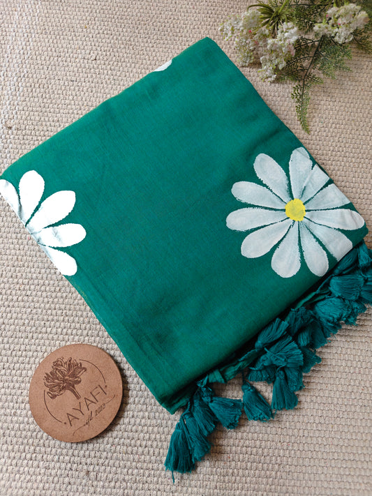 Pine Green Daisy Hand-Painted Saree