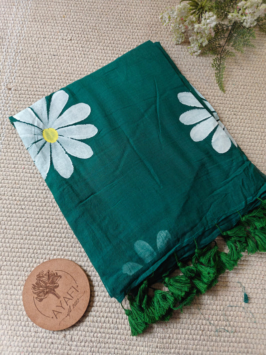 Forest Green Daisy Hand-Painted Saree