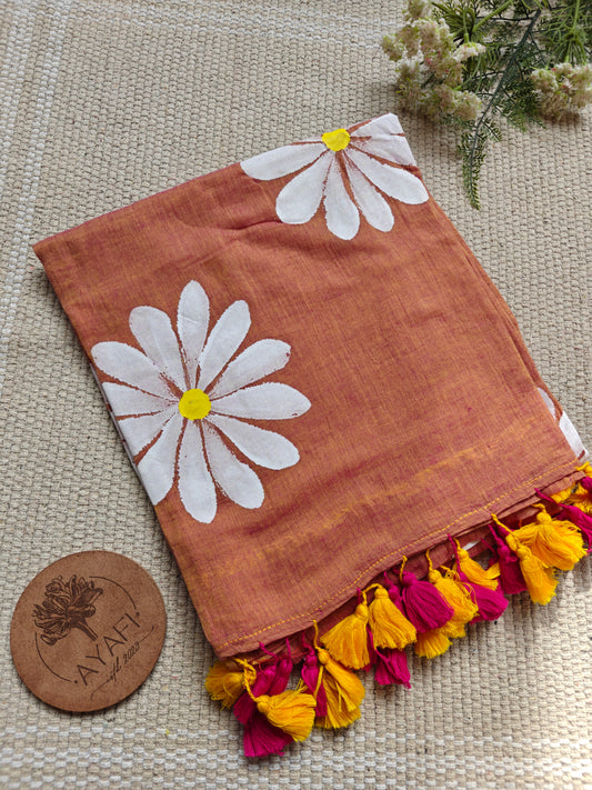 Peachy Daisy Hand-Painted Saree