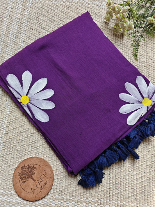 Royal Purple Daisy Hand-Painted Saree