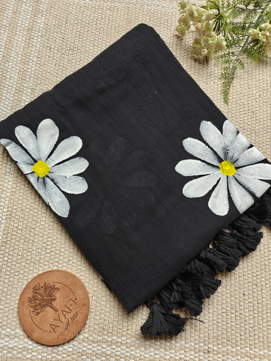 Midnight Daisy Hand-Painted Saree