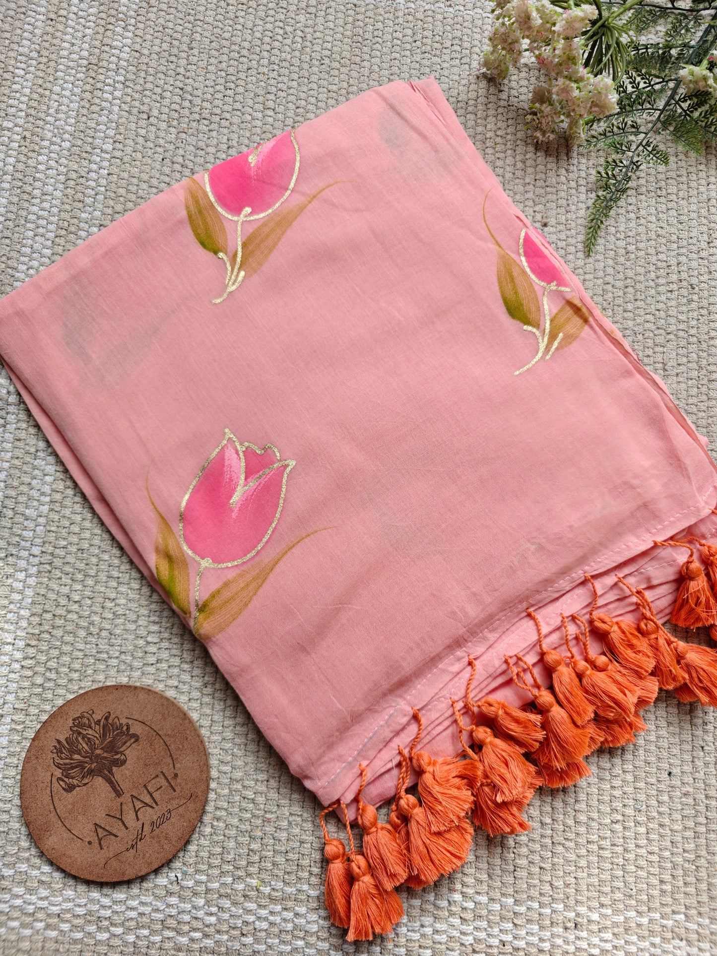Light Peach Tulip Hand-Painted Saree