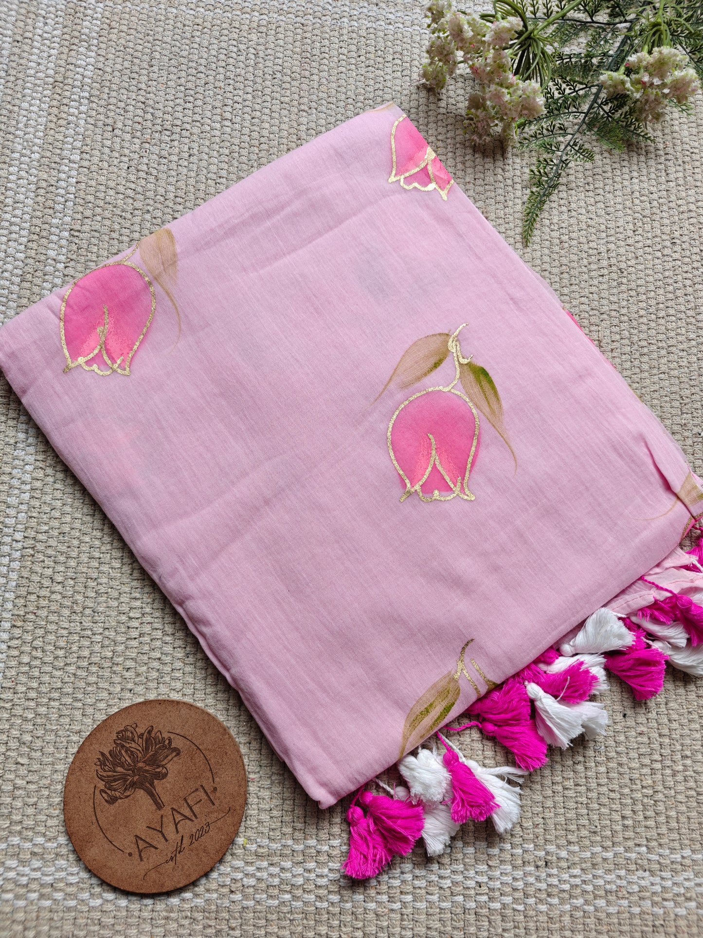Pink Champagne Tulip Hand-Painted Saree