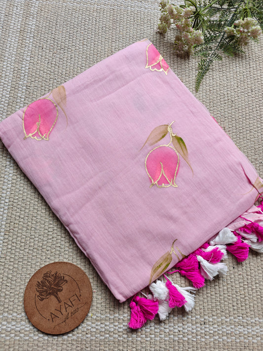 Pink Champagne Tulip Hand-Painted Saree