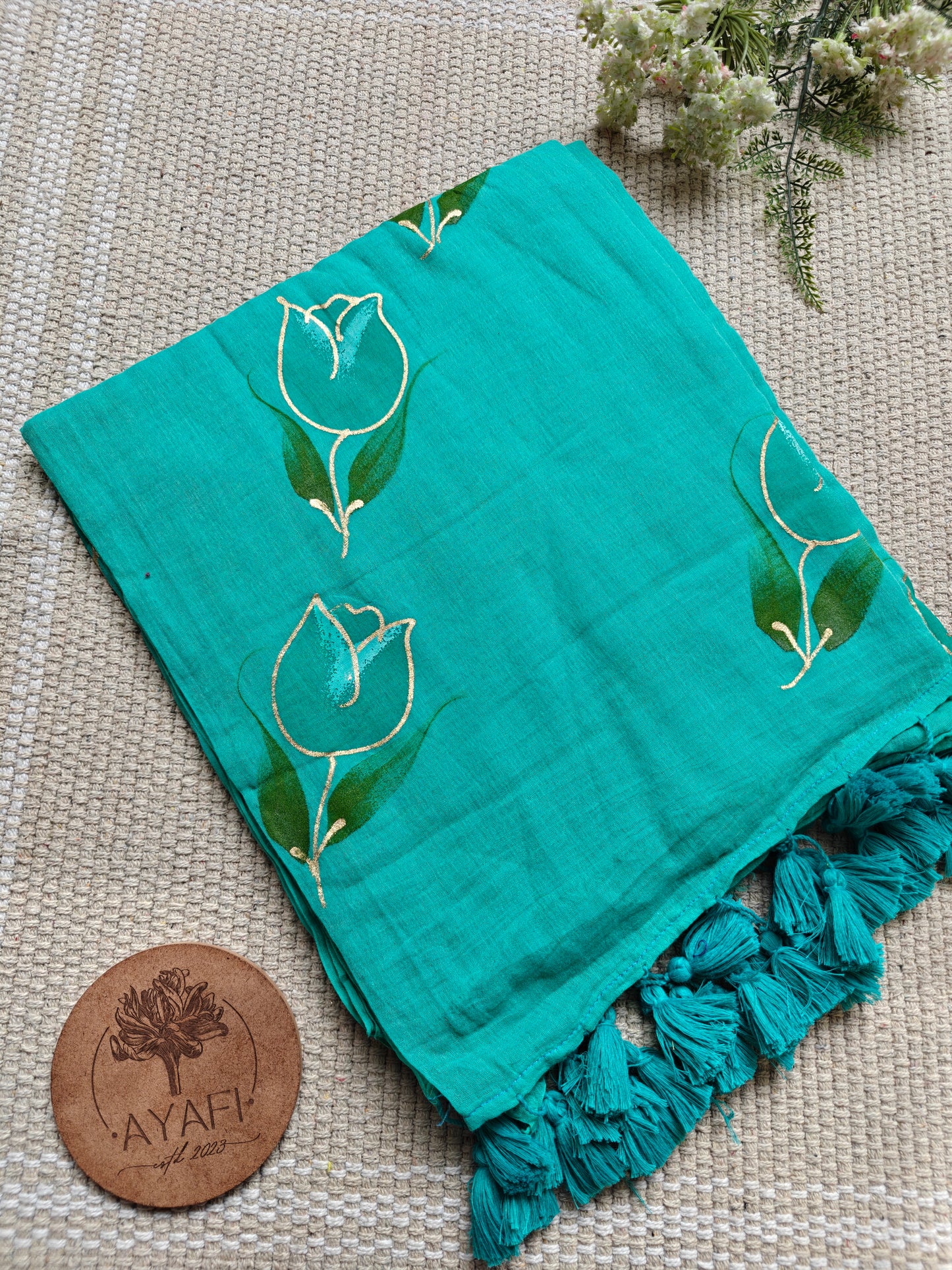 Aqua Tulip Hand-Painted Saree