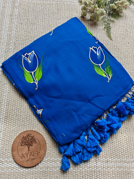 Midnight Blue Tulip Hand-Painted Saree