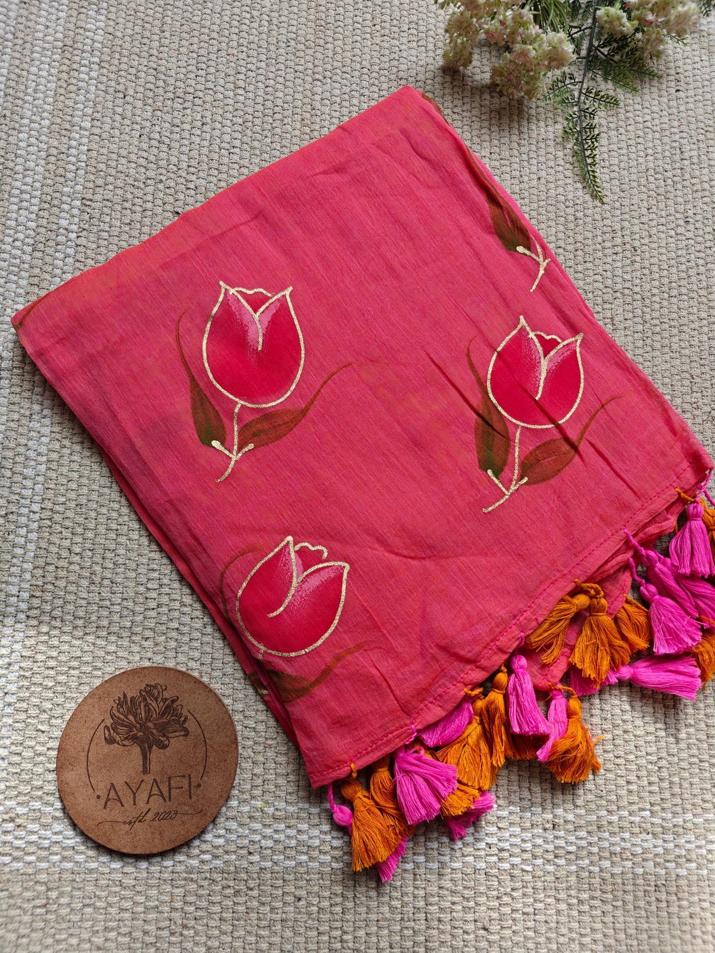 Hot Pink Tulip Hand-Painted Saree