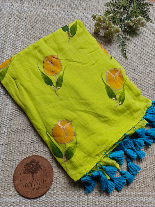 Chartreuse Yellow Tulip Hand-Painted Saree