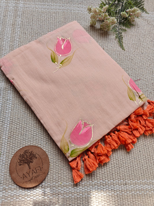 Pastel Apricot Pink Tulip Hand-Painted Saree