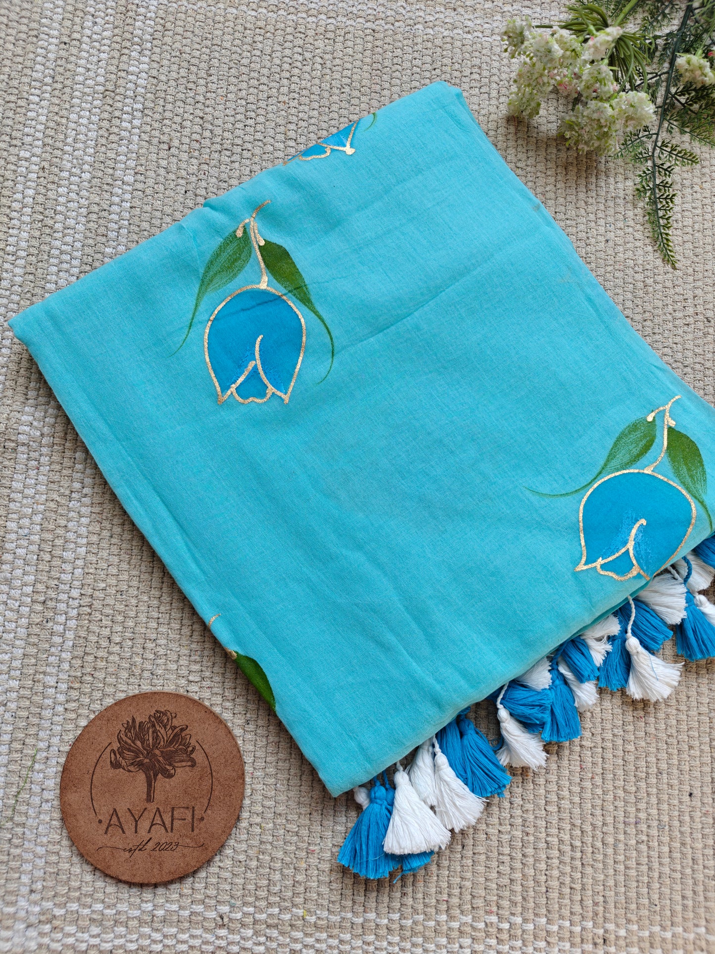 Aqua Tulip Hand-Painted Saree
